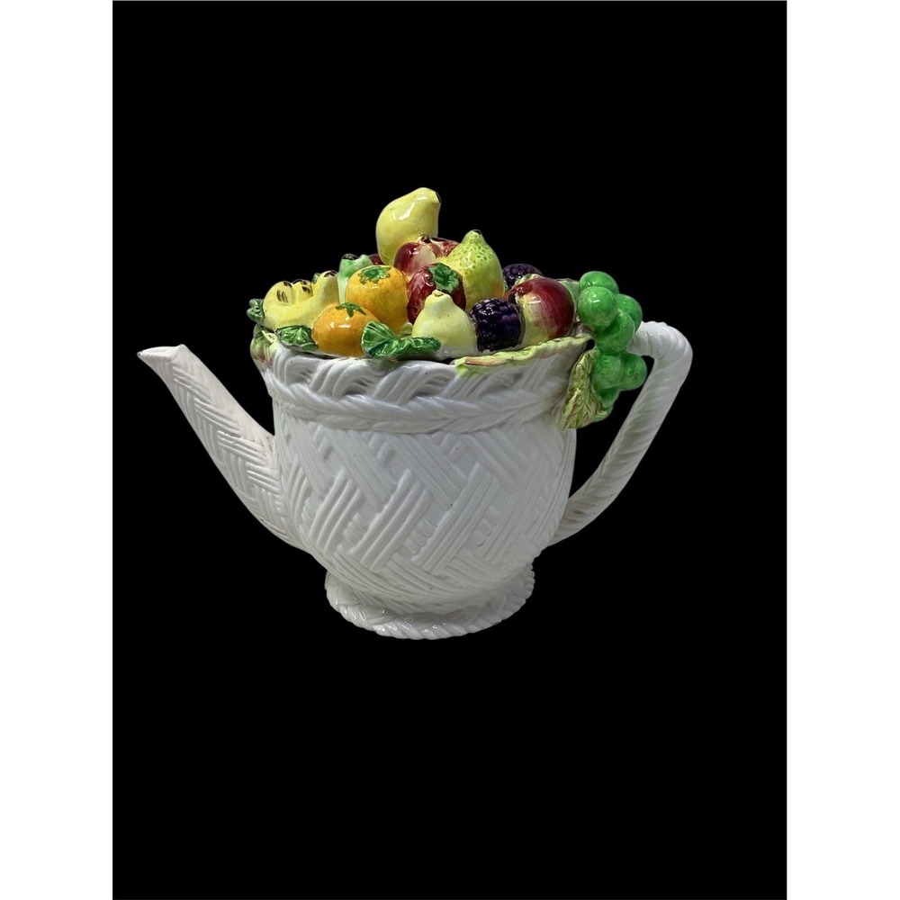 Vtg Lefton China Tutti Frutti Tea Pot Basket Weave Fruit Ceramic Kitsch